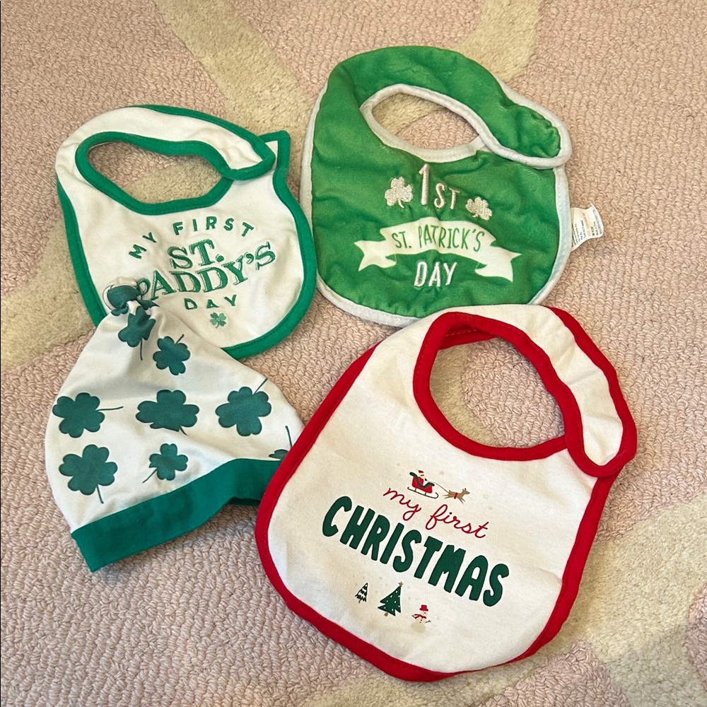 Baby’s First Christmas and Baby’s first St. Patrick’s Day bibs and hat